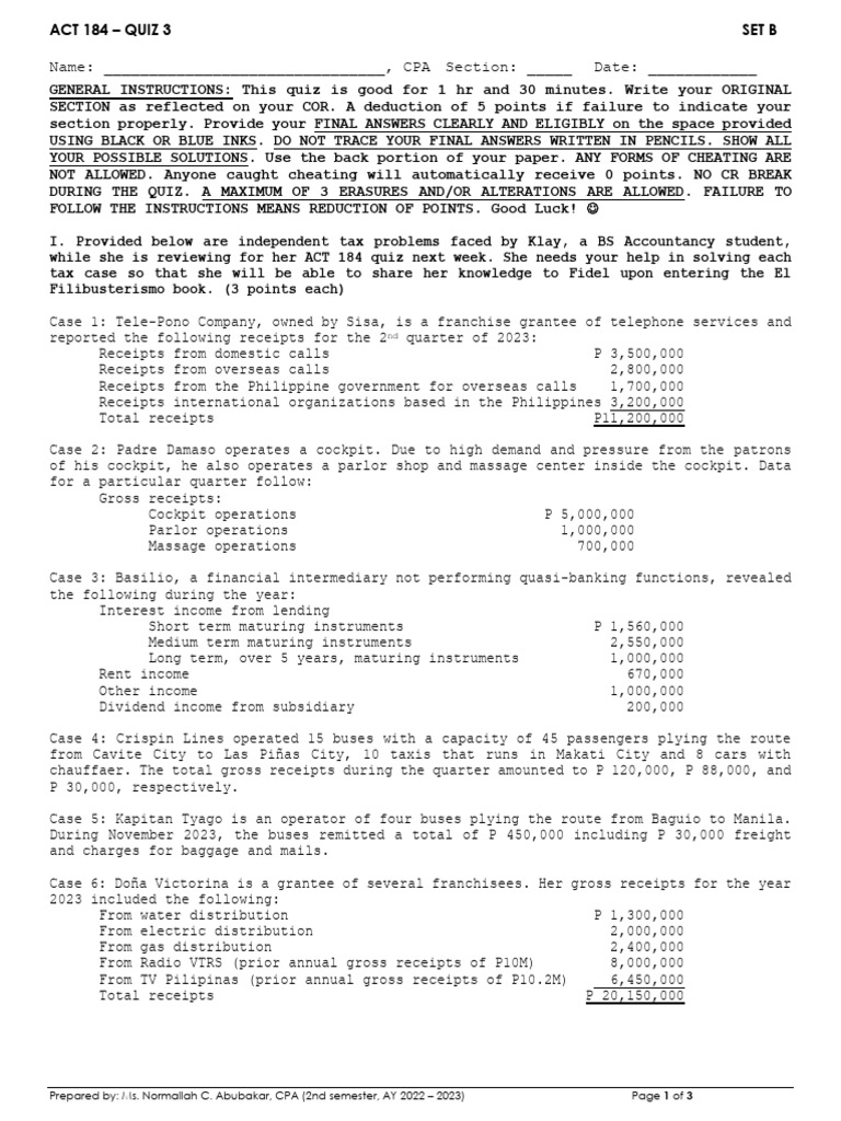 ACT 184 - QUIZ 3 (SET B) 61 Copies | PDF | Taxes | Tax Rate