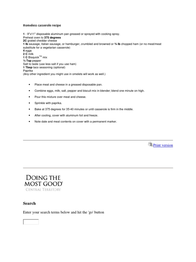 Casserole Recipe for Homeless Shelters | PDF | Cooking, Food & Wine