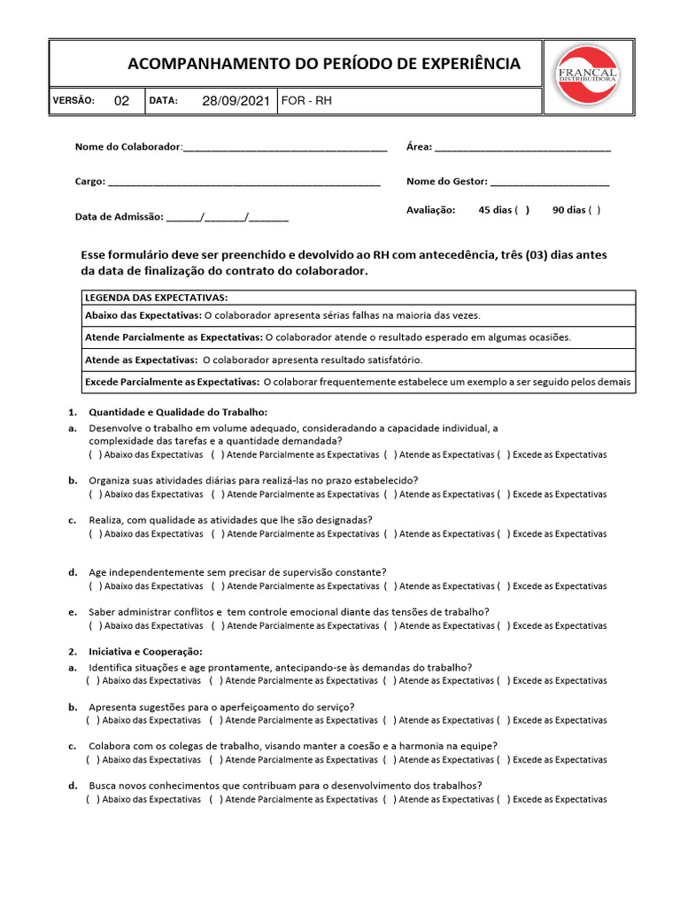 Avaliação do Período de Experiência | PDF | Carreira e Crescimento ...