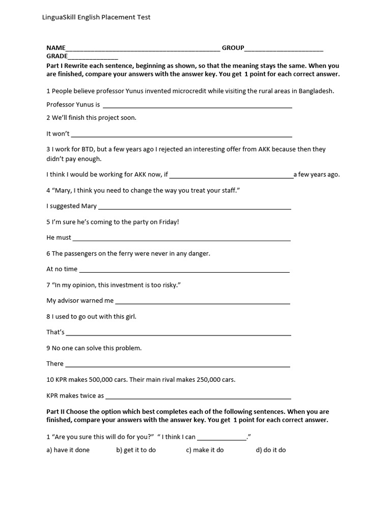 LinguaSkill Placement Test | PDF | Games & Activities | Language Arts ...