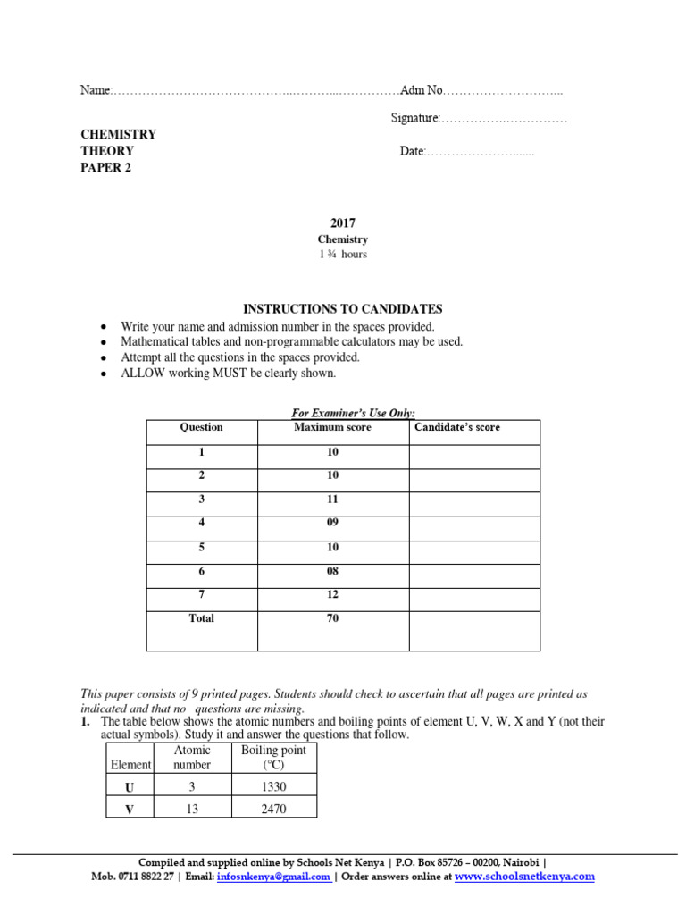 Chemistry Paper 2 Questions Form 3 Term 3 Exam 2017 Pdf
