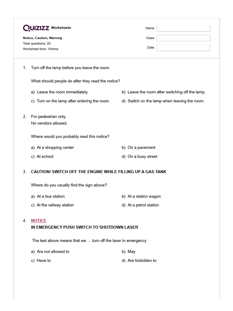 Notice, Caution, and Warning Worksheets | PDF