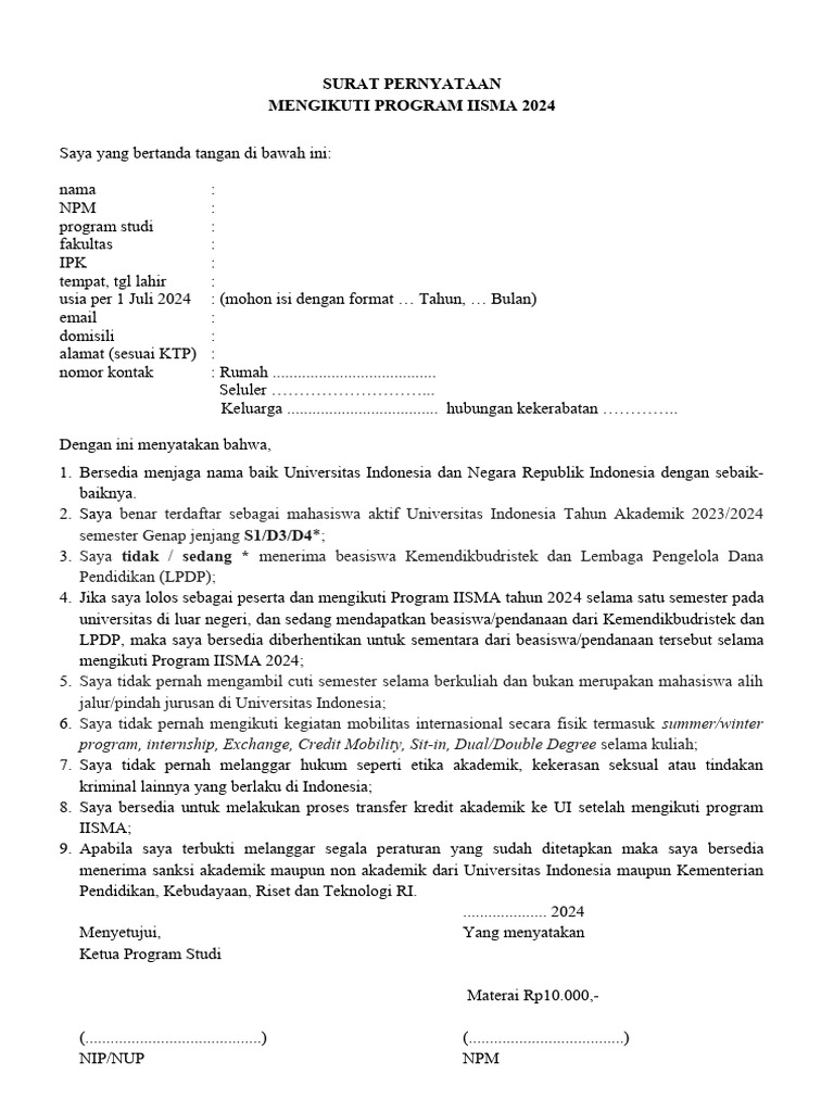 Surat Pernyataan Program IISMA 2024 | PDF | Karier & Perkembangan | Bisnis