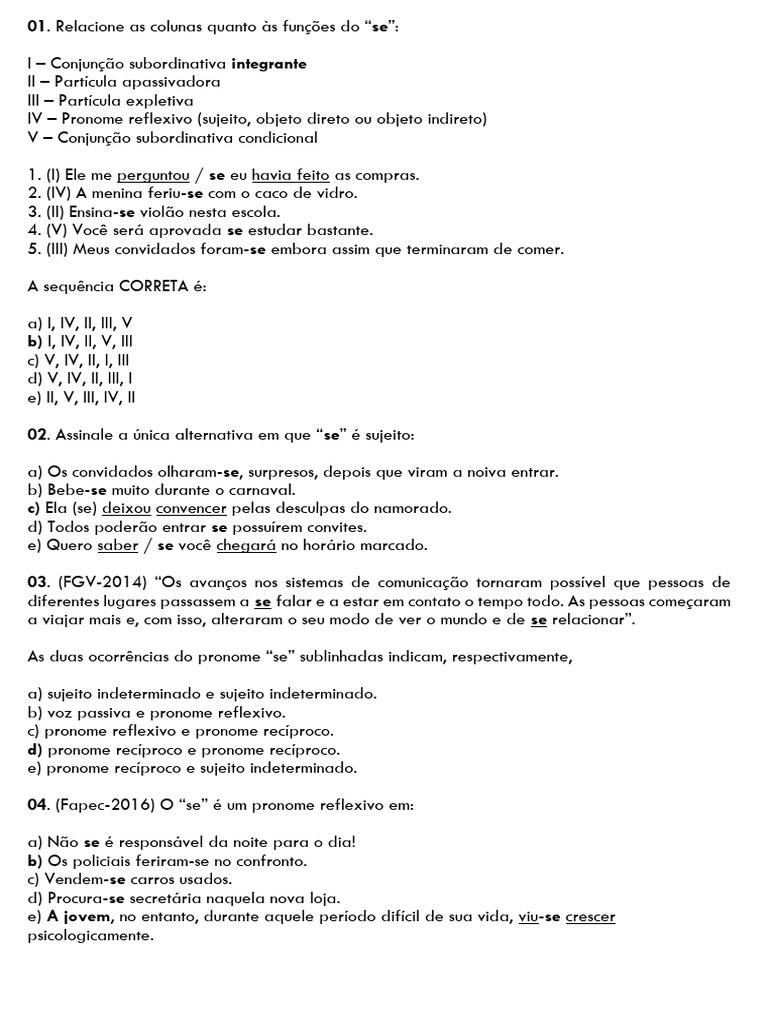 Funções do "se": Exercícios e Gabarito | PDF | Assunto (gramática ...