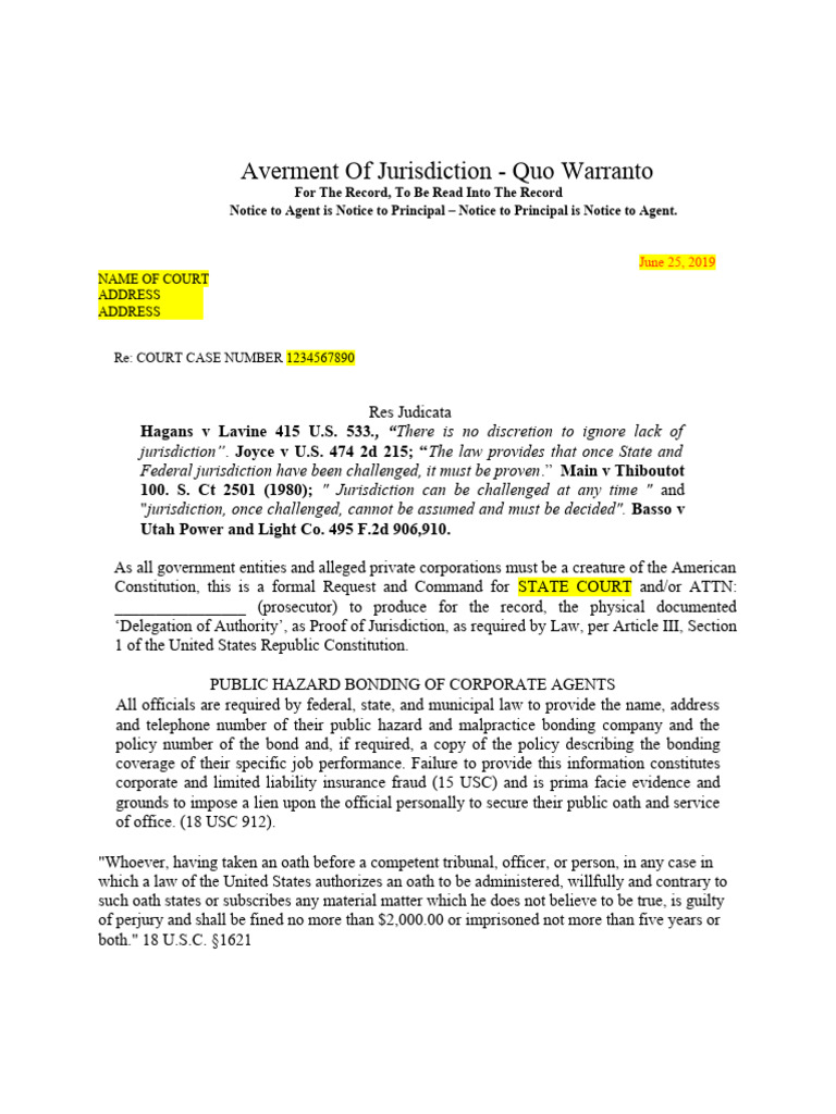 Quo Warranto Jurisdiction Request | PDF | Jurisdiction | United States Code
