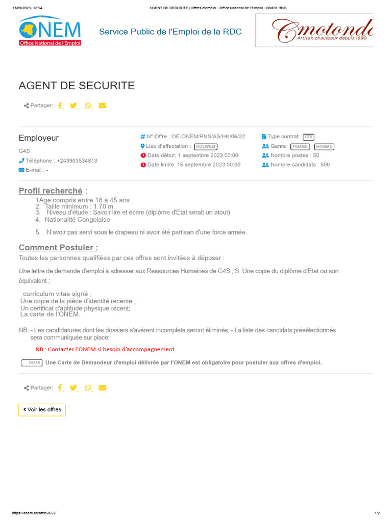 AGENT DE SECURITE - Offres D'emploi - Office National de L'emploi ...