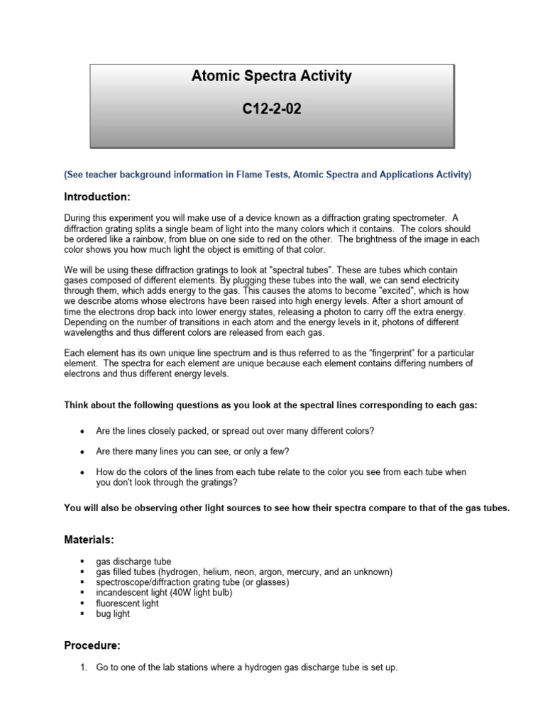 Diffraction Grating Spectroscopy Lab | PDF | Emission Spectrum ...