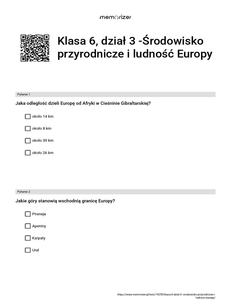 Sprawdzian Z Geografii Klasa 6 środowisko Przyrodnicze I Ludność Europy