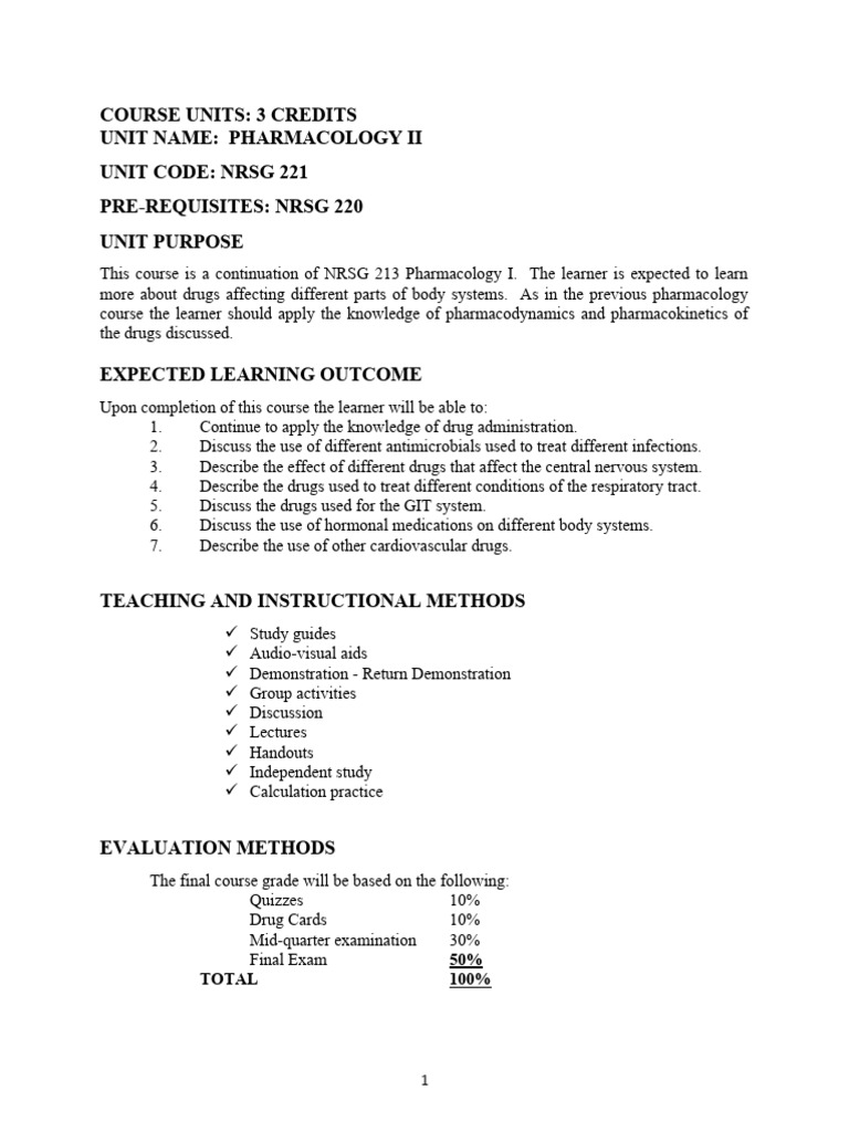 Pharmacology II Course Outline | PDF | Pharmacology | Products Of ...