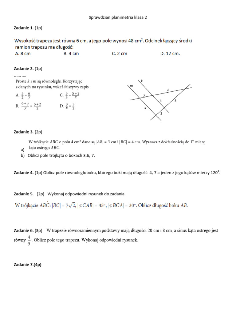 Sprawdzian Z Matematyki Klasa 2 Technikum