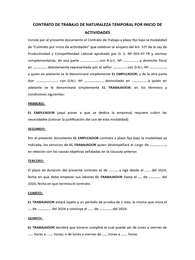 Contrato de trabajo de naturaleza temporal por inicio de actividades