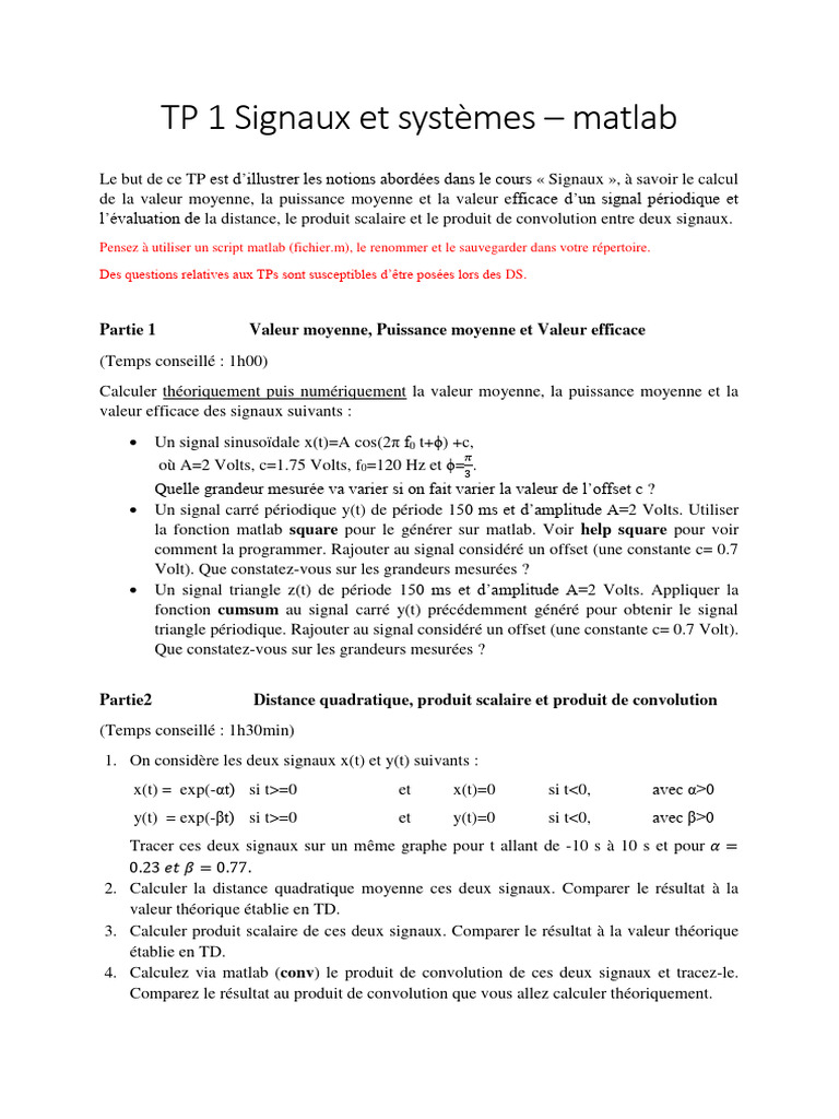 Calculs de Signaux avec MATLAB | PDF | Moyenne quadratique | Analyse ...