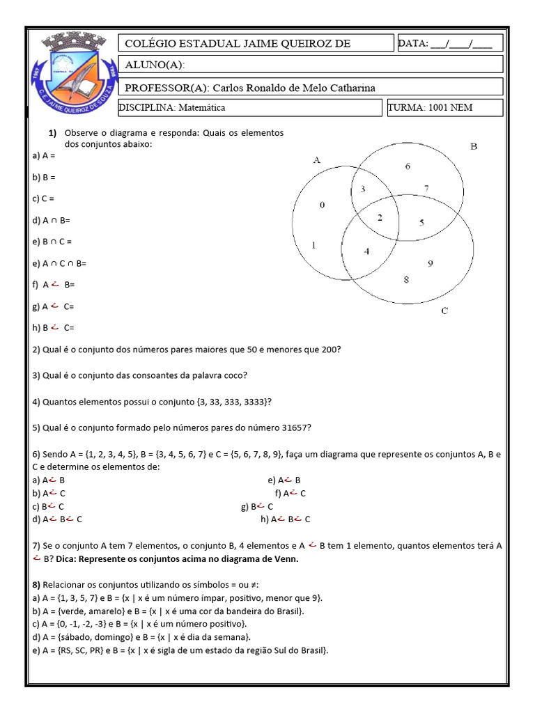 Atividade Relação de Conjuntos - 1° Ano | PDF