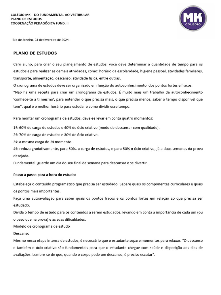 Plano de Estudos para Alunos | PDF | Dormir | Tempo