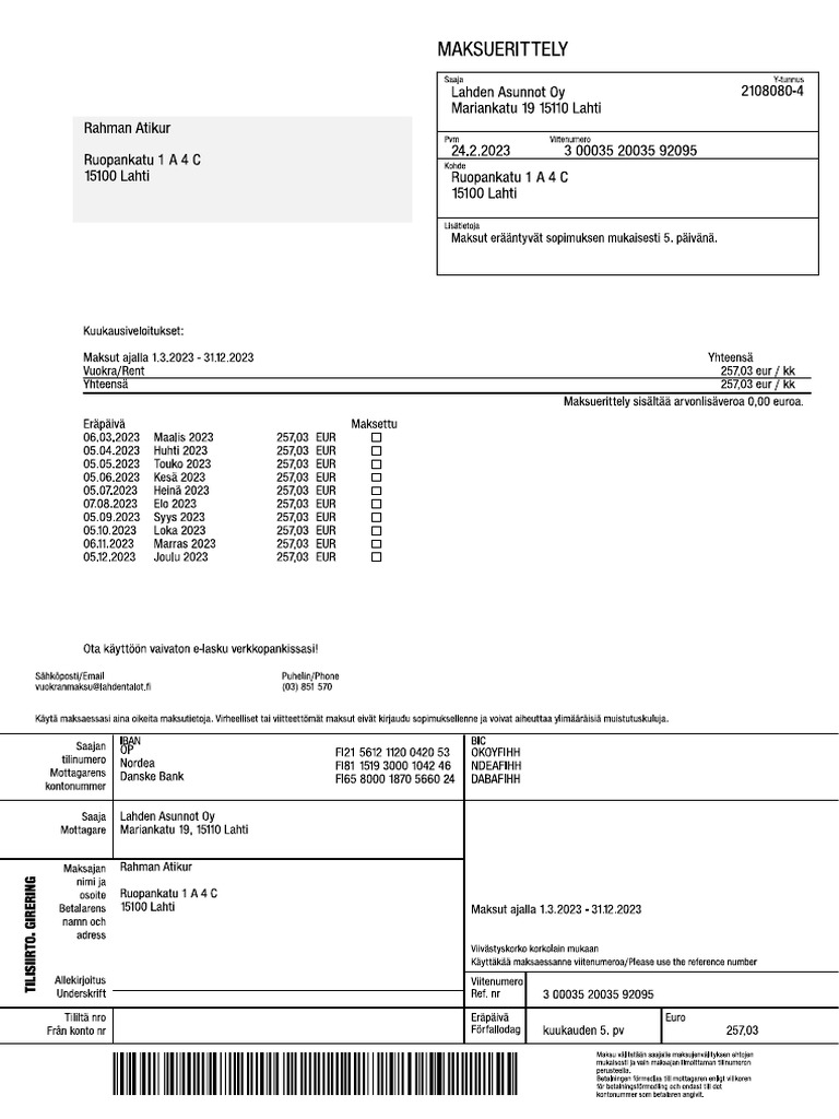 Invoice For The Rent Payment | PDF