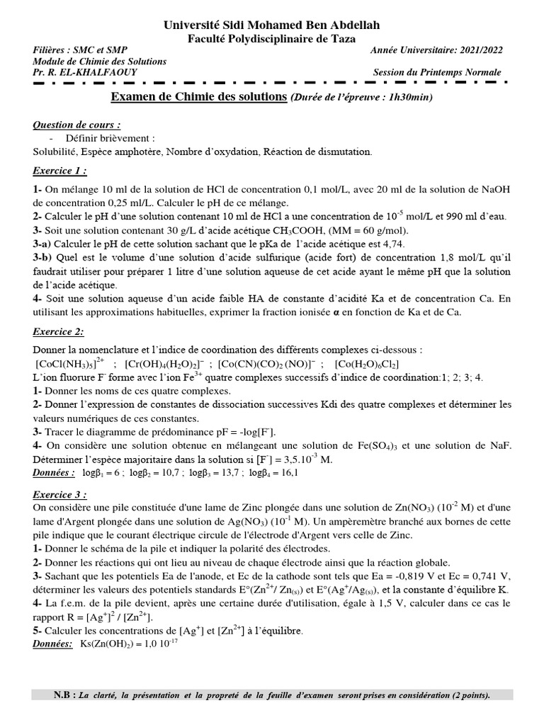 Chimie Des Solutions - Exam-SN - 21-22 | PDF | Acide | Ph