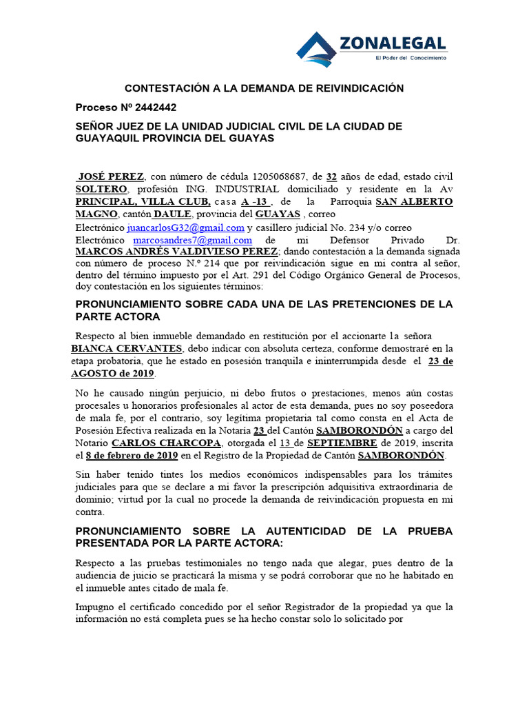 Contestación a Demanda de Reivindicación | PDF | Demanda judicial ...