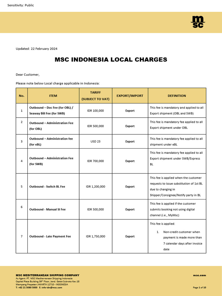 MSC Indonesia Local Charges Updates 22 February 2024 PDF Fee