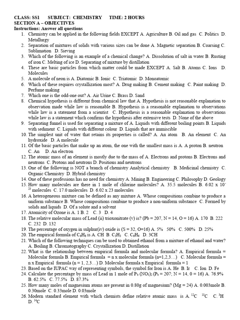 SS1 Chemistry First Term Exam Questions | PDF | Chemistry | Molecules