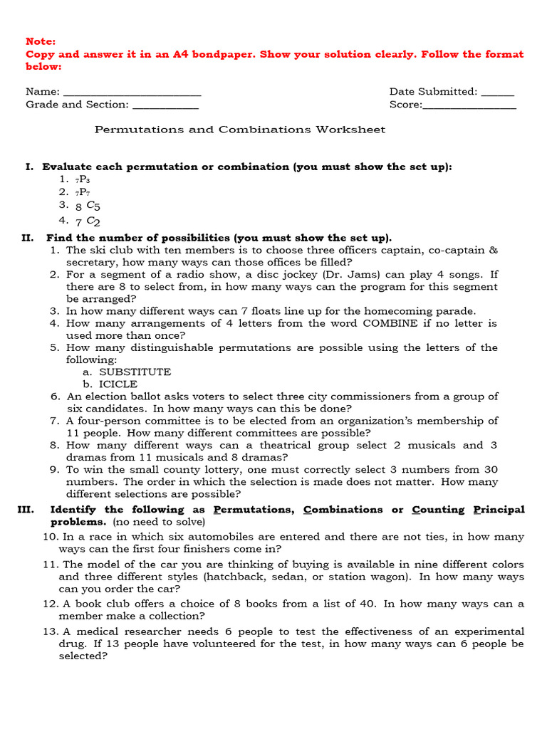 Permutation and Combination Worksheet | PDF