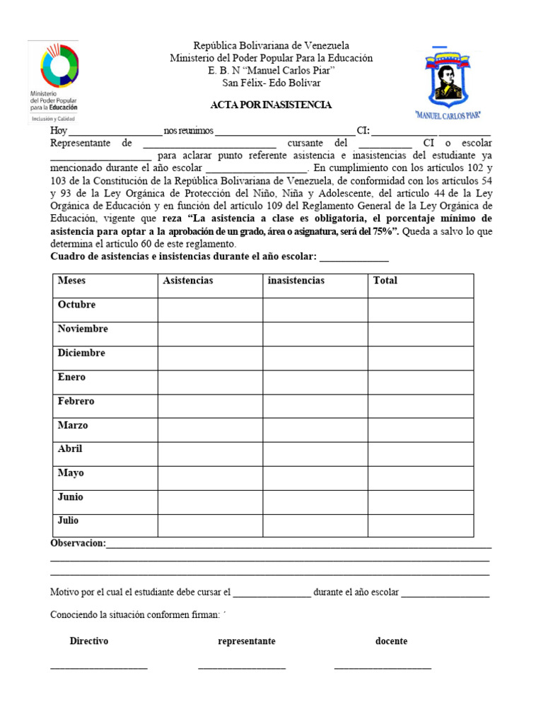 Acta de Inasistencia Escolar en Venezuela | PDF | Ciencias sociales