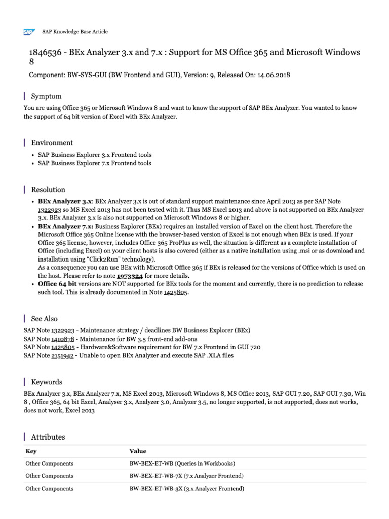 BEx Analyzer 3.x and 7.x Support For MS Office 365 and Microsoft ...