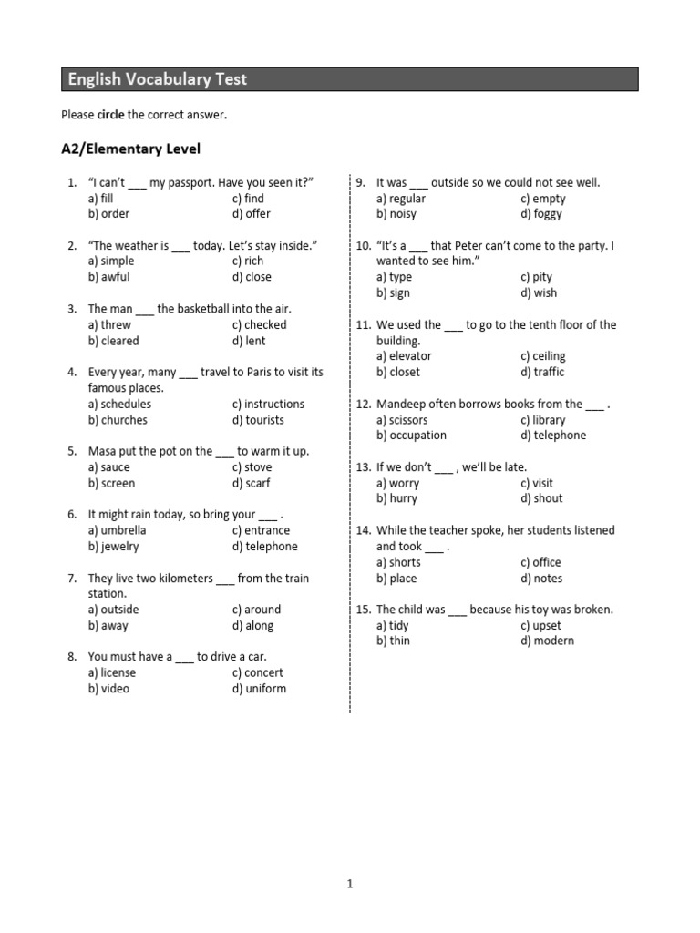 A2 Vocabulary Test with Answers | PDF