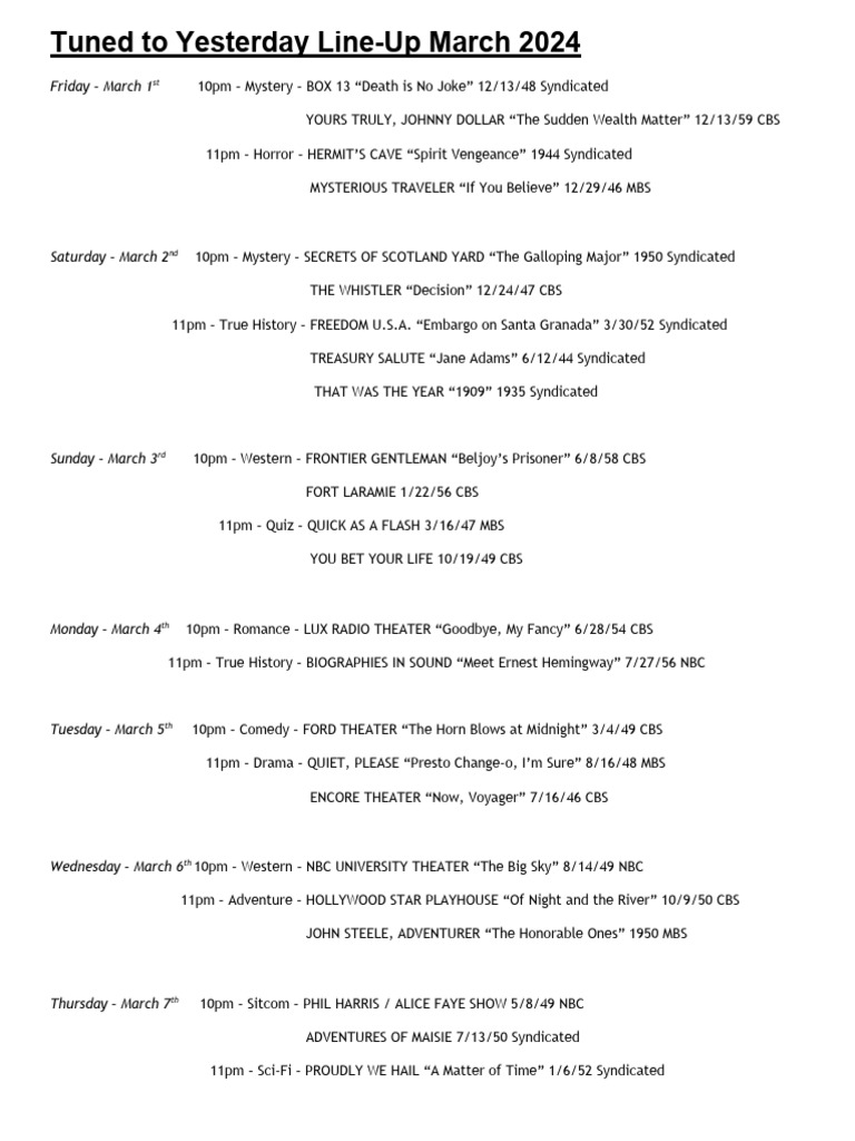 March 2024 Tuned to Yesterday Schedule | PDF | Cbs | Nbc