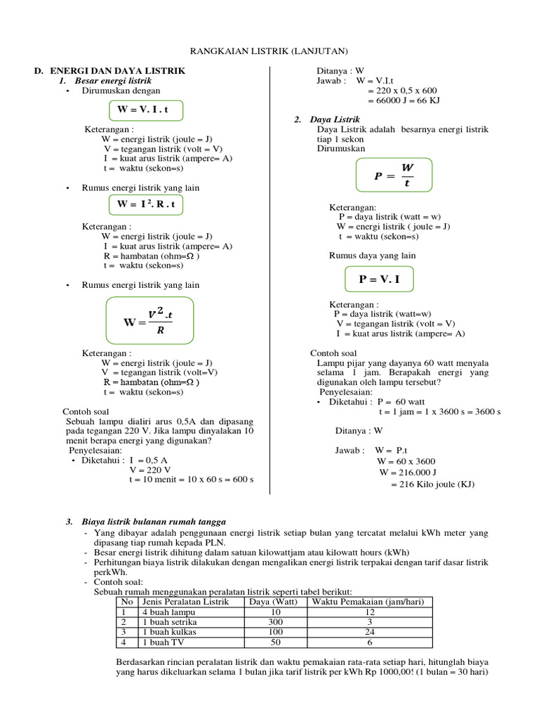 Rumus Energi dan Daya Listrik Kelas 9 | PDF
