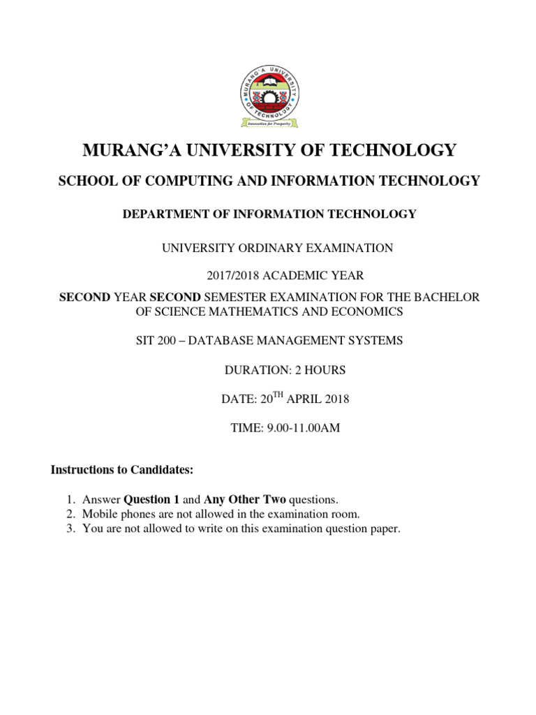 SIT 200: Database Management Exam 2018 | PDF | Databases | Relational Model