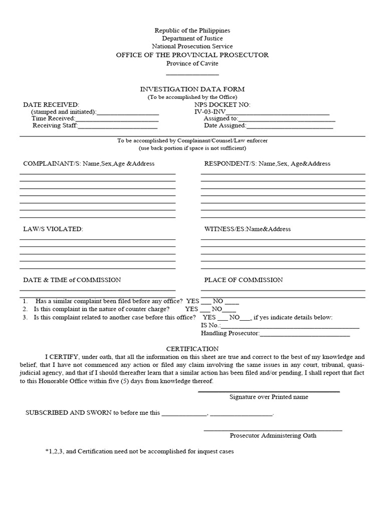INVESTIGATION DATA FORM Sample PDF Prosecutor Complaint