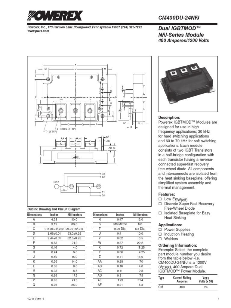 CM400DU 24NFJ Powerex IGBT Module - DataSheet | PDF | Diode | Volt