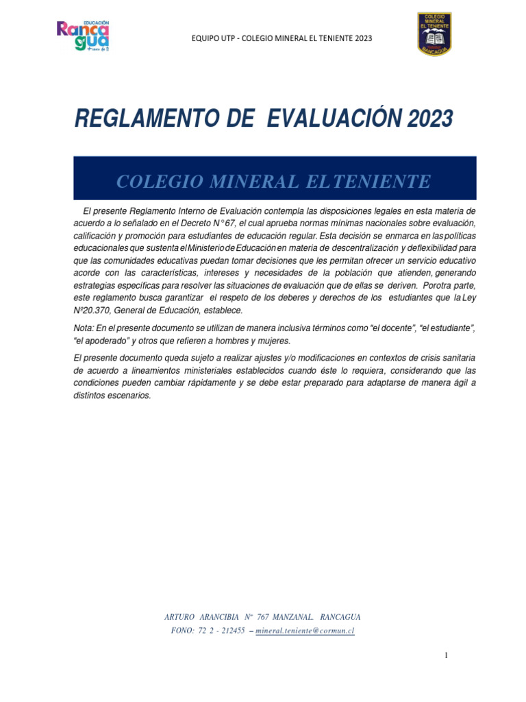 Reglamento de Evaluación 2023 Colegio Mineral | PDF | Evaluación ...