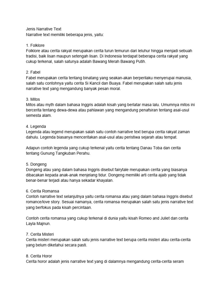 Macam-Macam Jenis Narrative Text | PDF | Kajian Bahasa Asing