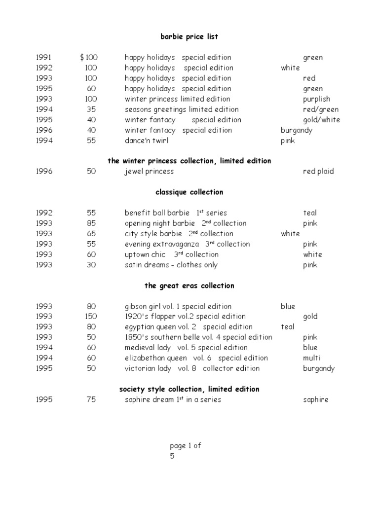 barbie price list