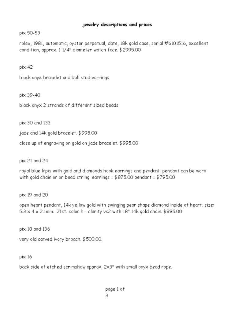 Jewelry Descriptions and Prices PDF Necklace Jewellery