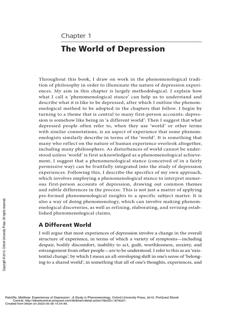 Experiences of Depression A Study in Phenomenology - (1 The World of ...