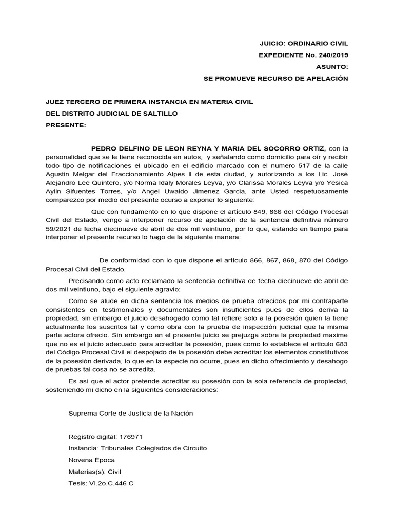 APELACION Sentencia Civil | PDF | Posesión (Ley) | Demanda judicial