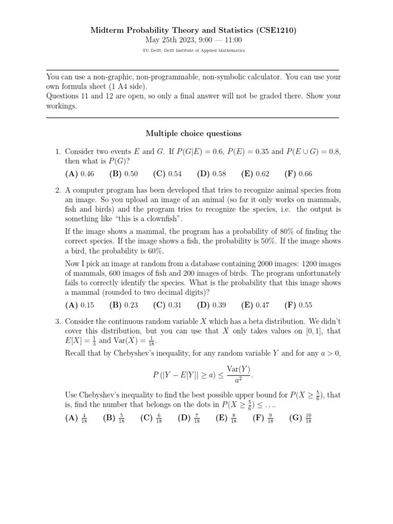 Midterm Exam: Probability & Statistics | PDF | Probability Distribution ...