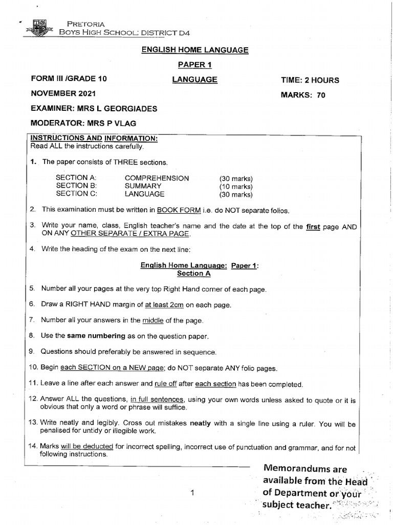 Grade 10 English Paper 1 Novemeber 2021 PDF