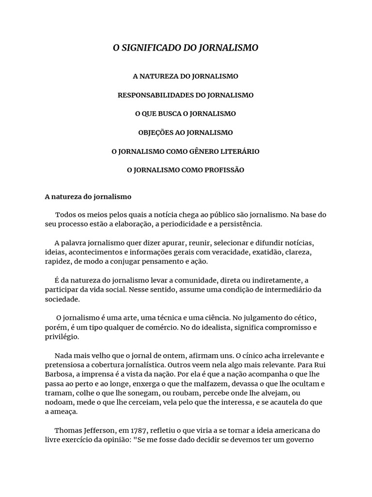 Significado e Natureza do Jornalismo | PDF | Jornalismo | Liberdade