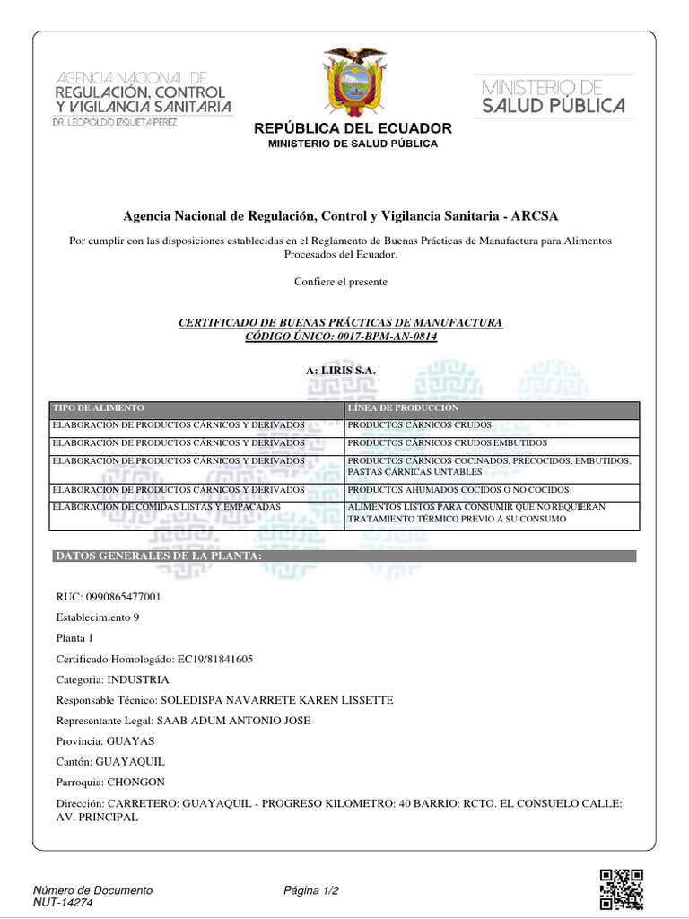Certificación de LIRIS S.A. en Guayaquil | PDF | Carne | Alimentos