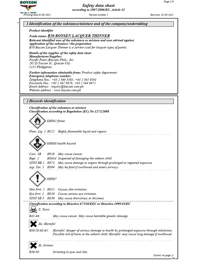 b50 Boysen Lacquer Thinner PDF Dangerous Goods Toxicity