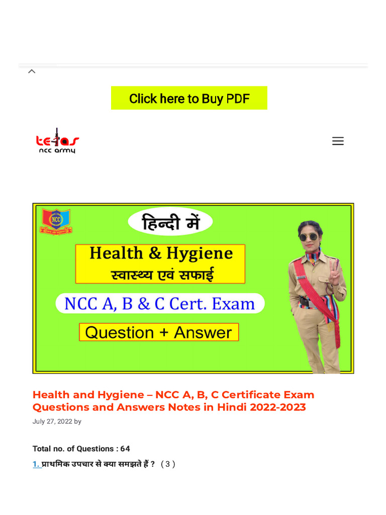 Health and Hygiene NCC A, B, C Certi Cate Exam Questions and Answers