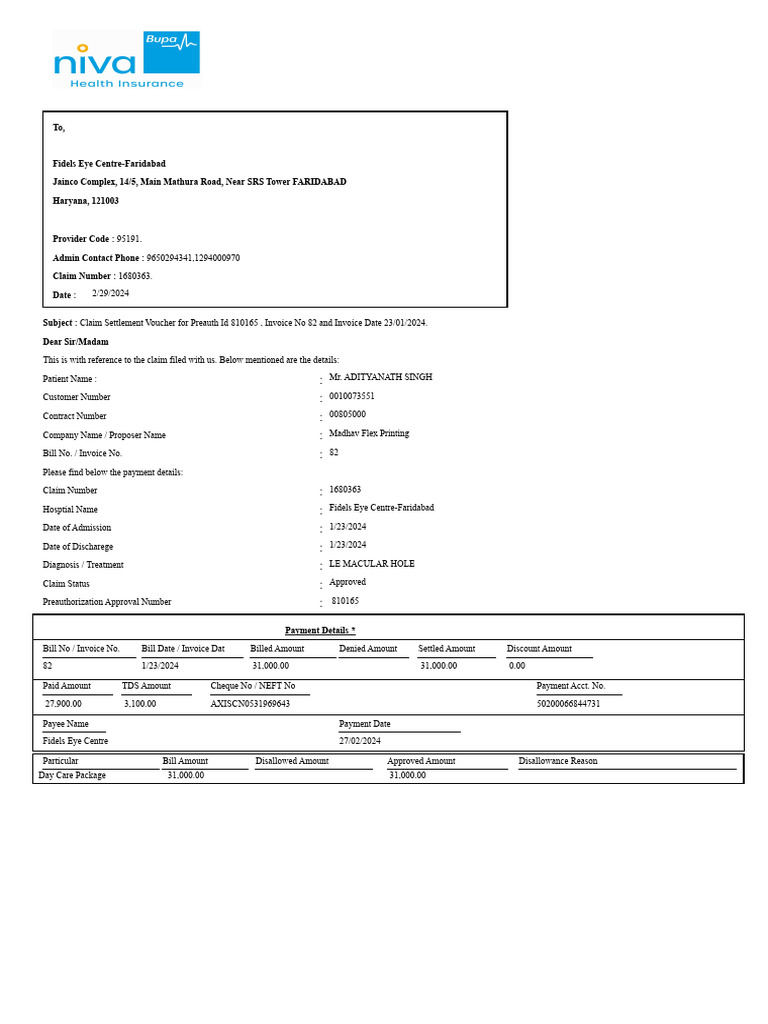 Claim Settlement Voucher 1680363 PDF Payments Service Industries