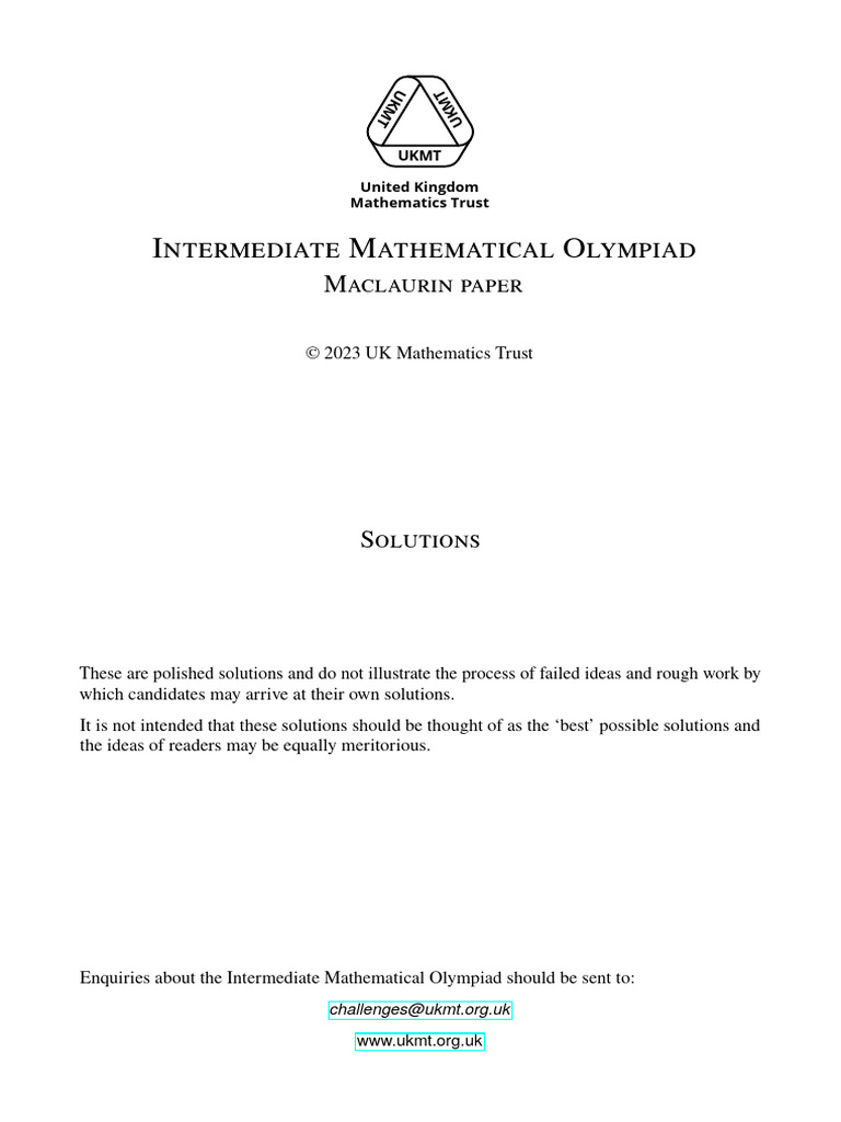 IMO Maclaurin 2023 UKMT Solutions | PDF | Mathematics | Elementary ...