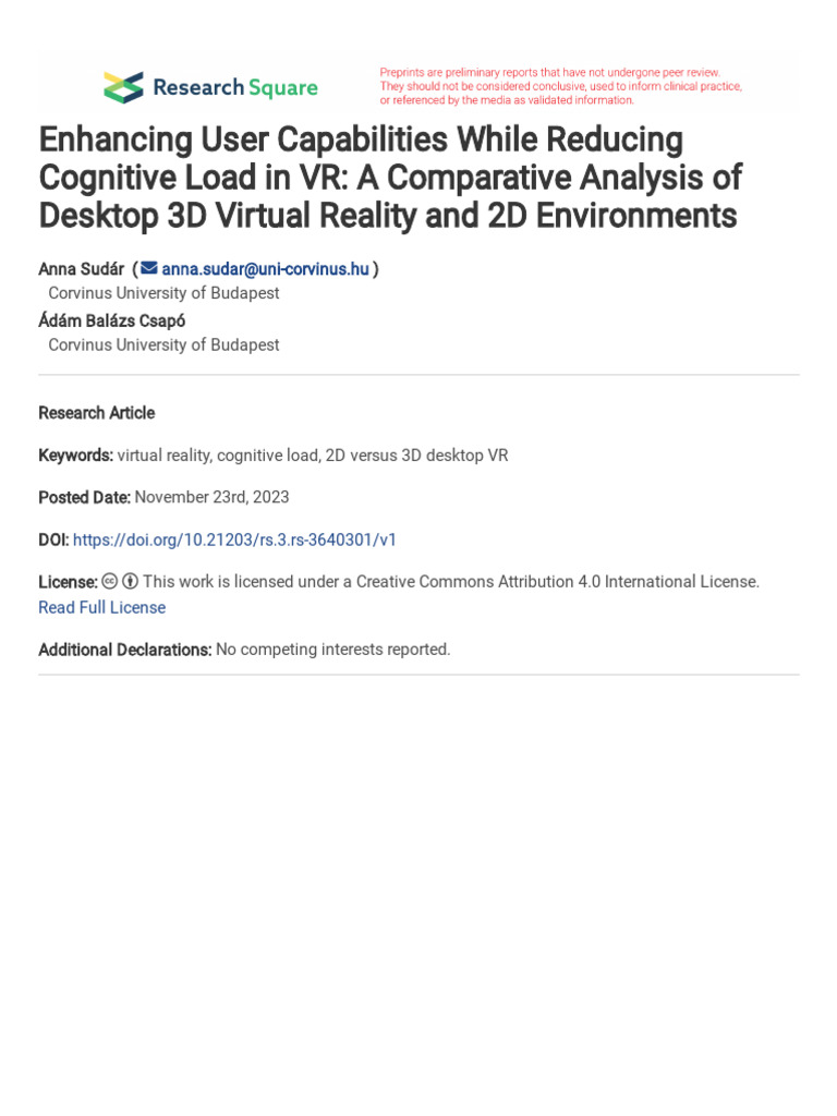 VR vs 2D: Reducing Cognitive Load | PDF | Virtual Reality | Neuroscience
