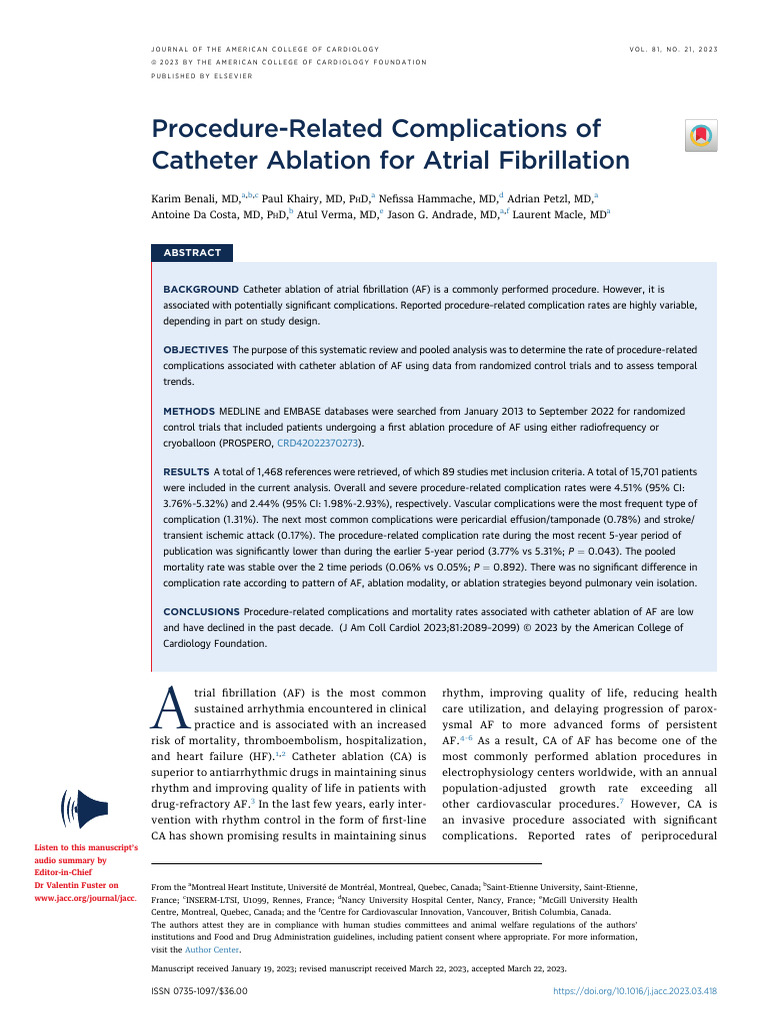 Benali et al 2023 procedure related complications of catheter ablation