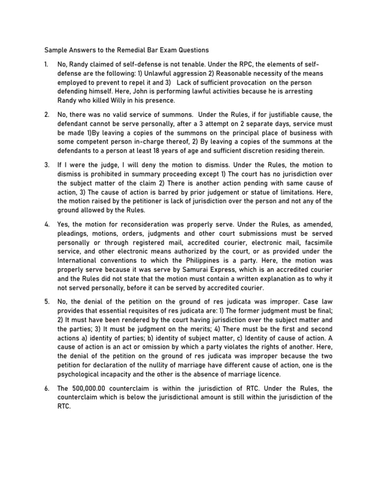 Sample Answers To Remedial Law Bar Exam Questions PDF Judgment (Law