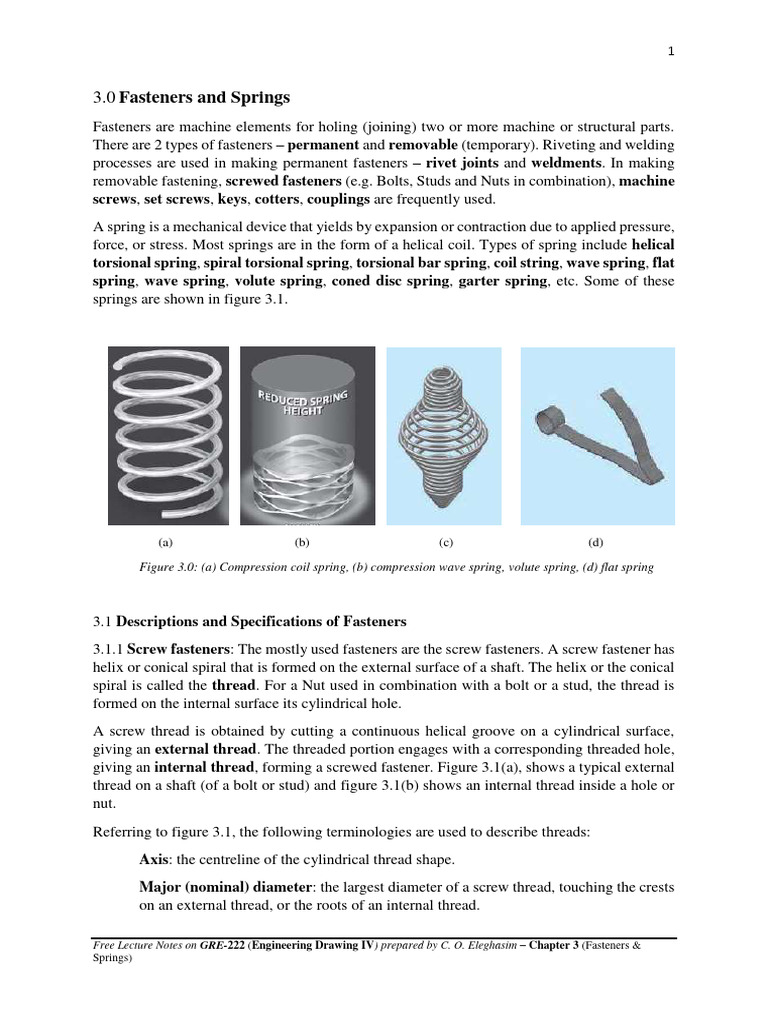 3 - Fasteners, Threads&Springs (Wk4,5) | PDF | Screw | Helix